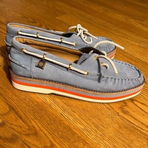Tory Burch Joey Platform‎ Boat Shoes Nubuck Blue Leather Women's 10M